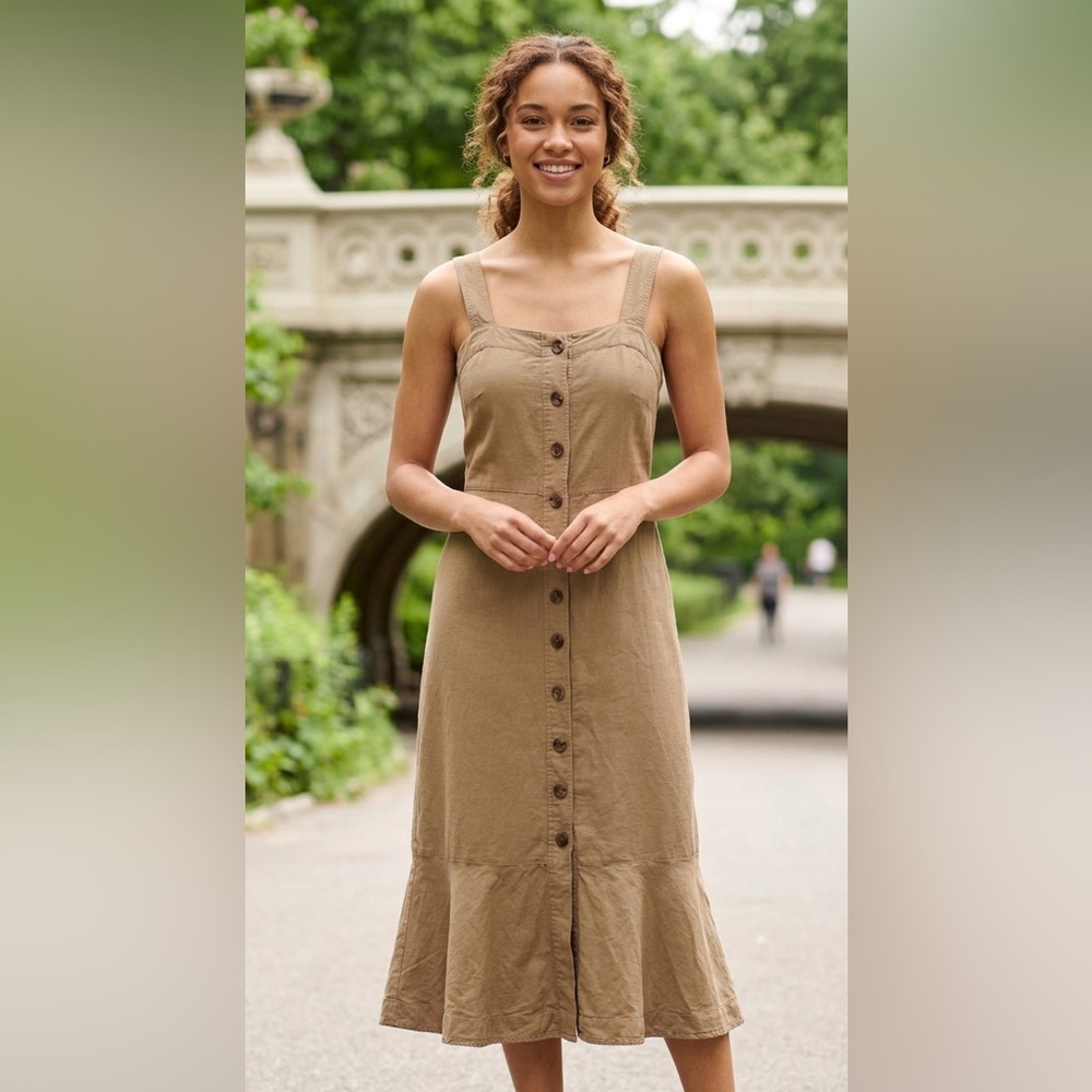 Banana Republic Button-Front Linen Blend Strap Midi Dress in Tan Capsule